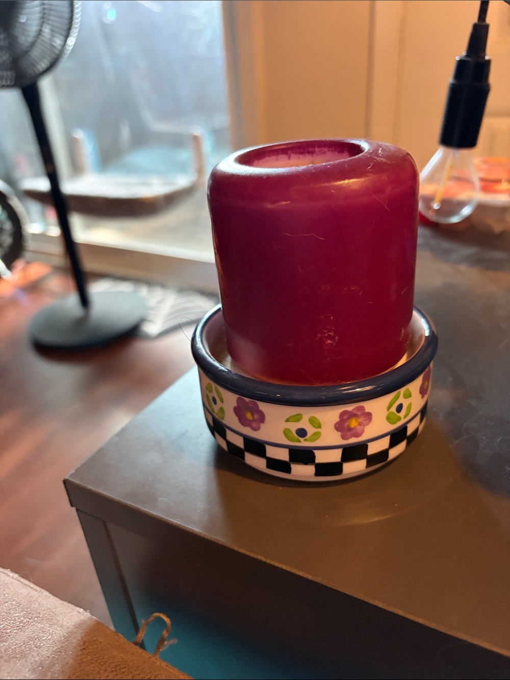 Purple Pillar Candle with Floral Checker Ceramic Holder - Unbranded